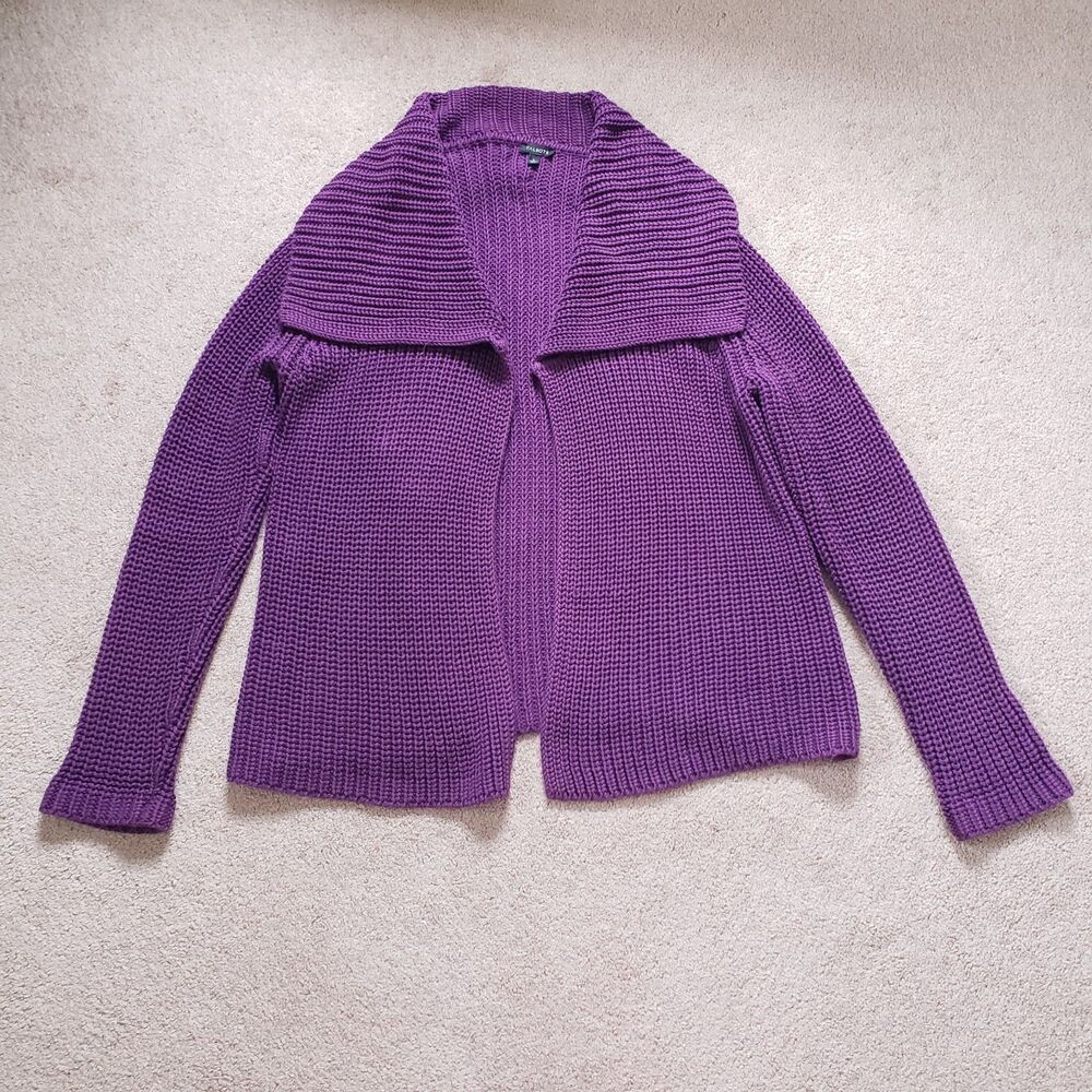 Talbots Chunky Knit Cardigan Sweater Open Front Purple Cotton Size Large Preppy